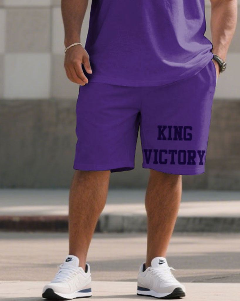 Men's Large Size Slogan "King Victory" Simple Printed Short Sleeve T-Shirt Shorts Set