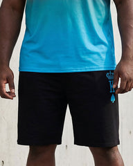 Big & Tall Men's Gradient Black & Blue Chest Crown KING Slogan Printed Short Sleeve T-Shirt Shorts Set