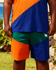 Big & Tall Men's Green & Orange & Blue Large Triangle Contrast Polo Shirt Shorts Set