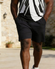 Men's Large Size Distinctive Geometric Print Short-sleeved Polo Shirt Shorts Set