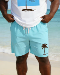 Big & Tall Men's Blue Positioning Print Holiday Hawaiian Short Sleeve T-Shirt Shorts Set