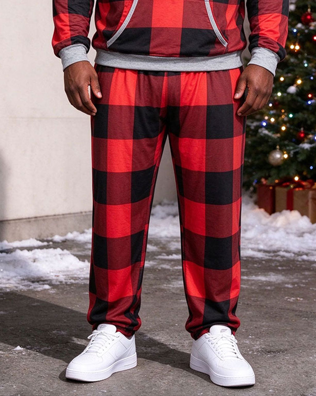 Large Size Men's Autumn And Winter Warm Red Check Characteristic Santa Claus Hoodie Sweatpants Set