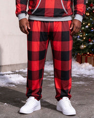 Large Size Men's Autumn And Winter Warm Red Check Characteristic Santa Claus Hoodie Sweatpants Set