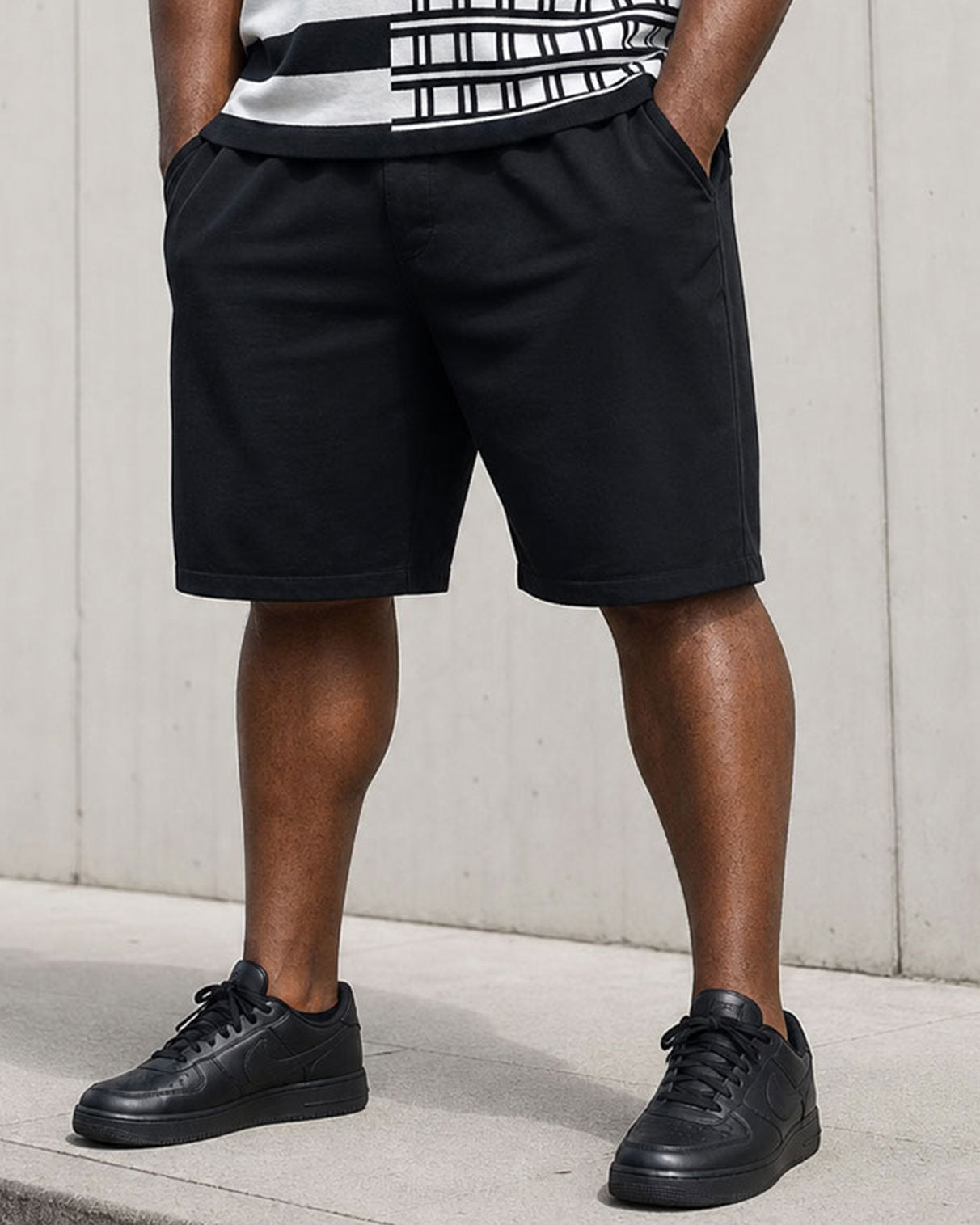 Big & Tall Men's Plaid & Stripe Stitching Positioning Printed Black & White Short-sleeved POLO Shirt Short-sleeved Shorts Set