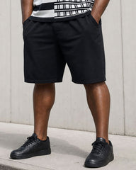 Big & Tall Men's Plaid & Stripe Stitching Positioning Printed Black & White Short-sleeved POLO Shirt Short-sleeved Shorts Set