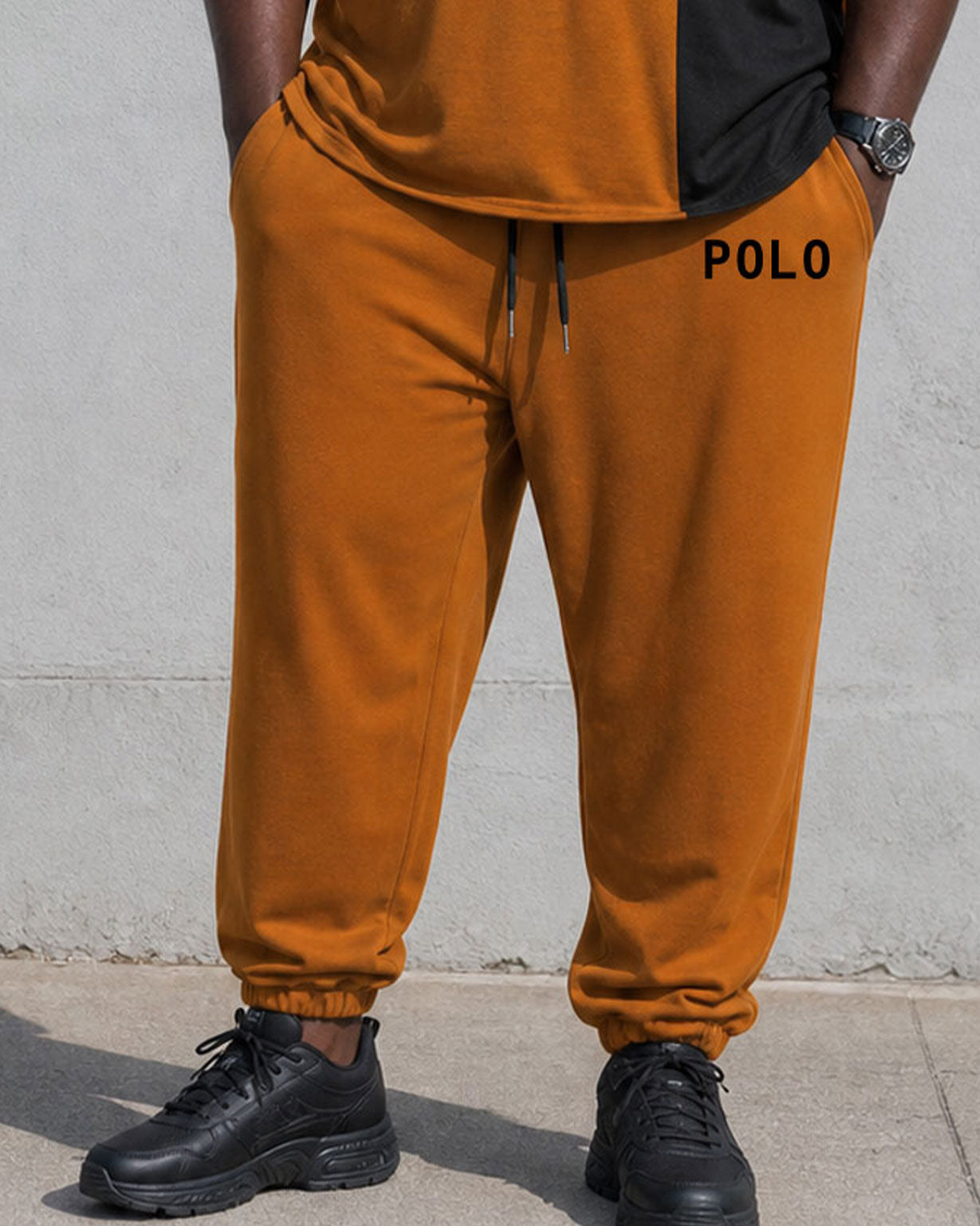 Big & Tall Men's Orange & Black Contrast Color Stitching Chest Small Label Printing Simple Daily Travel Party Short Sleeve T-Shirt Pants Set