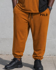 Big & Tall Men's Orange & Black Contrast Color Stitching Chest Small Label Printing Simple Daily Travel Party Short Sleeve T-Shirt Pants Set