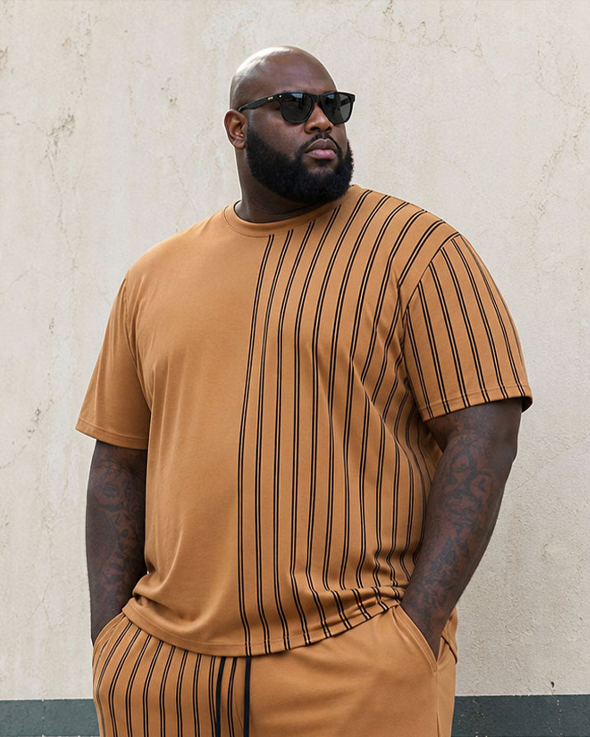 Big & Tall Men's Breathable Comfortable Khaki Line Printed Short Sleeve T-Shirt Shorts Set