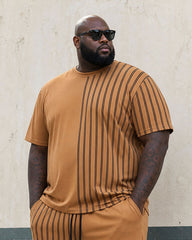 Big & Tall Men's Breathable Comfortable Khaki Line Printed Short Sleeve T-Shirt Shorts Set