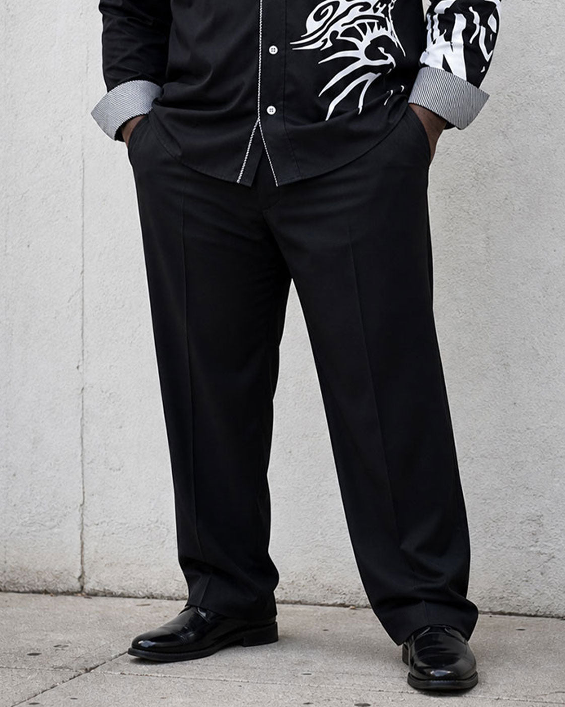 Big & Tall Men's Black Business Features Stitching Positioning Printed Long Sleeve Shirt Trousers Suit