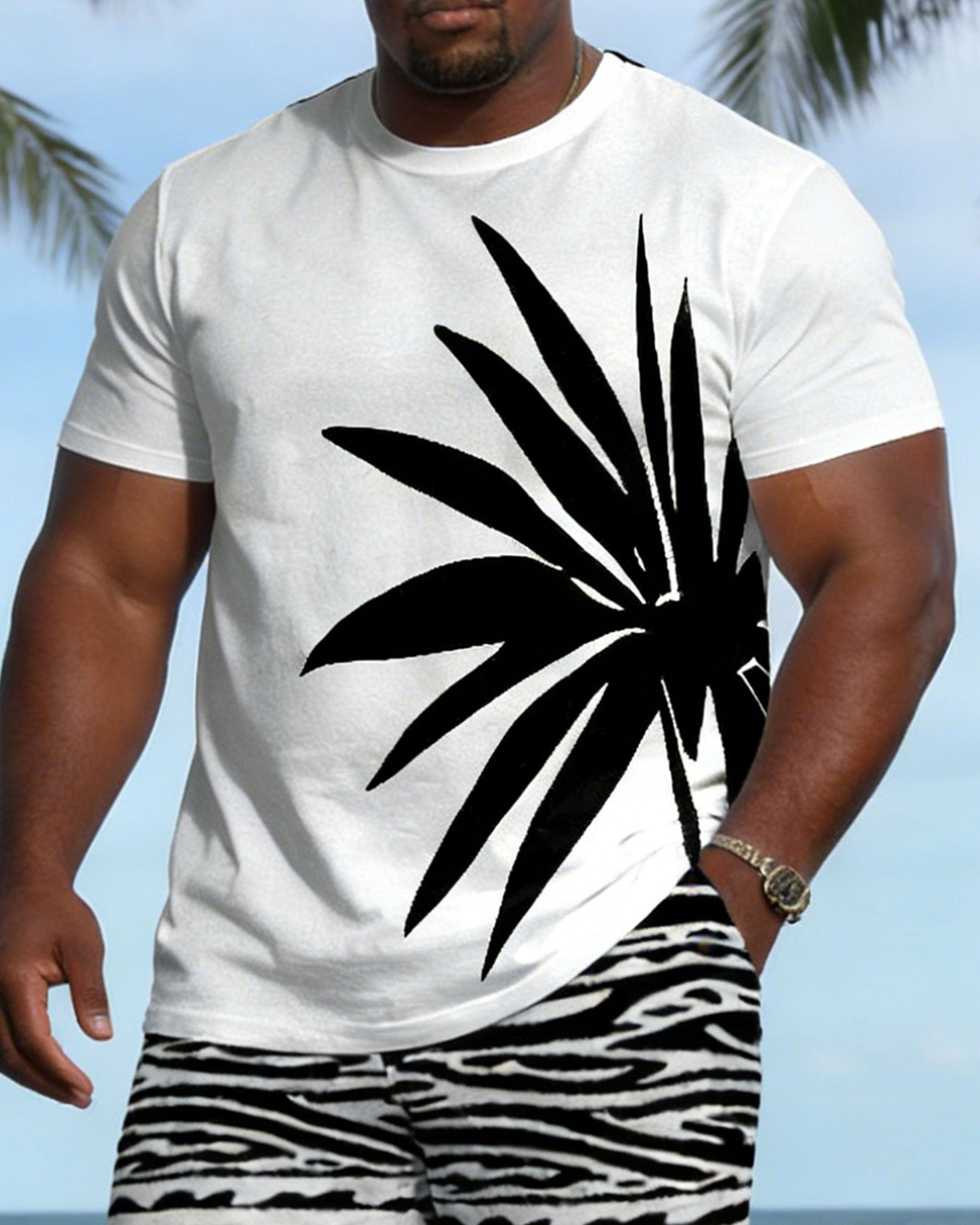 Big & Tall Spring And Summer New Valentine's Day Dating Party Party Holiday White Coconut Tree Silhouette Print Round Neck Short Sleeve T-Shirt Shorts Set Couple Dress