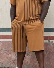 Big & Tall Men's Breathable Comfortable Khaki Line Printed Short Sleeve T-Shirt Shorts Set