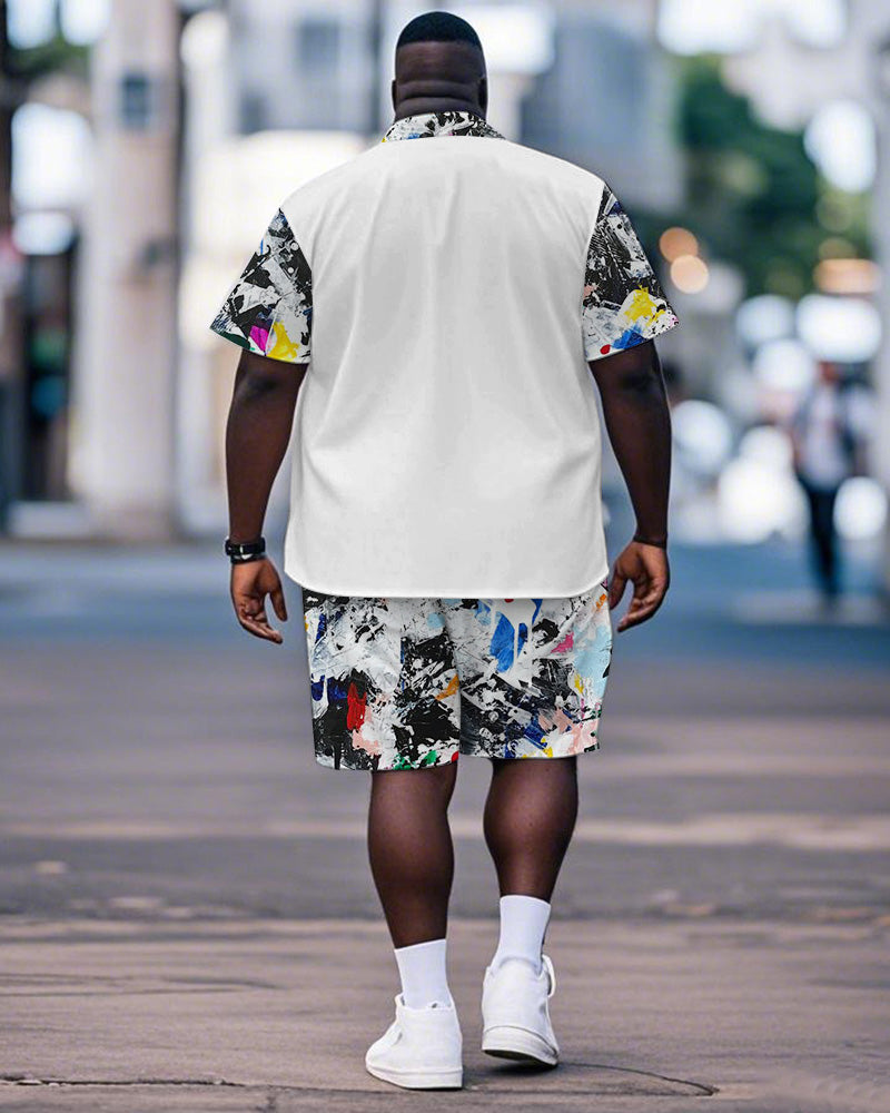 Men's Plus Size Street Fashion White Graffiti Respect Alphabet Print Shirt Shorts Suit
