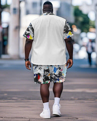 Men's Plus Size Street Fashion White Graffiti Respect Alphabet Print Shirt Shorts Suit