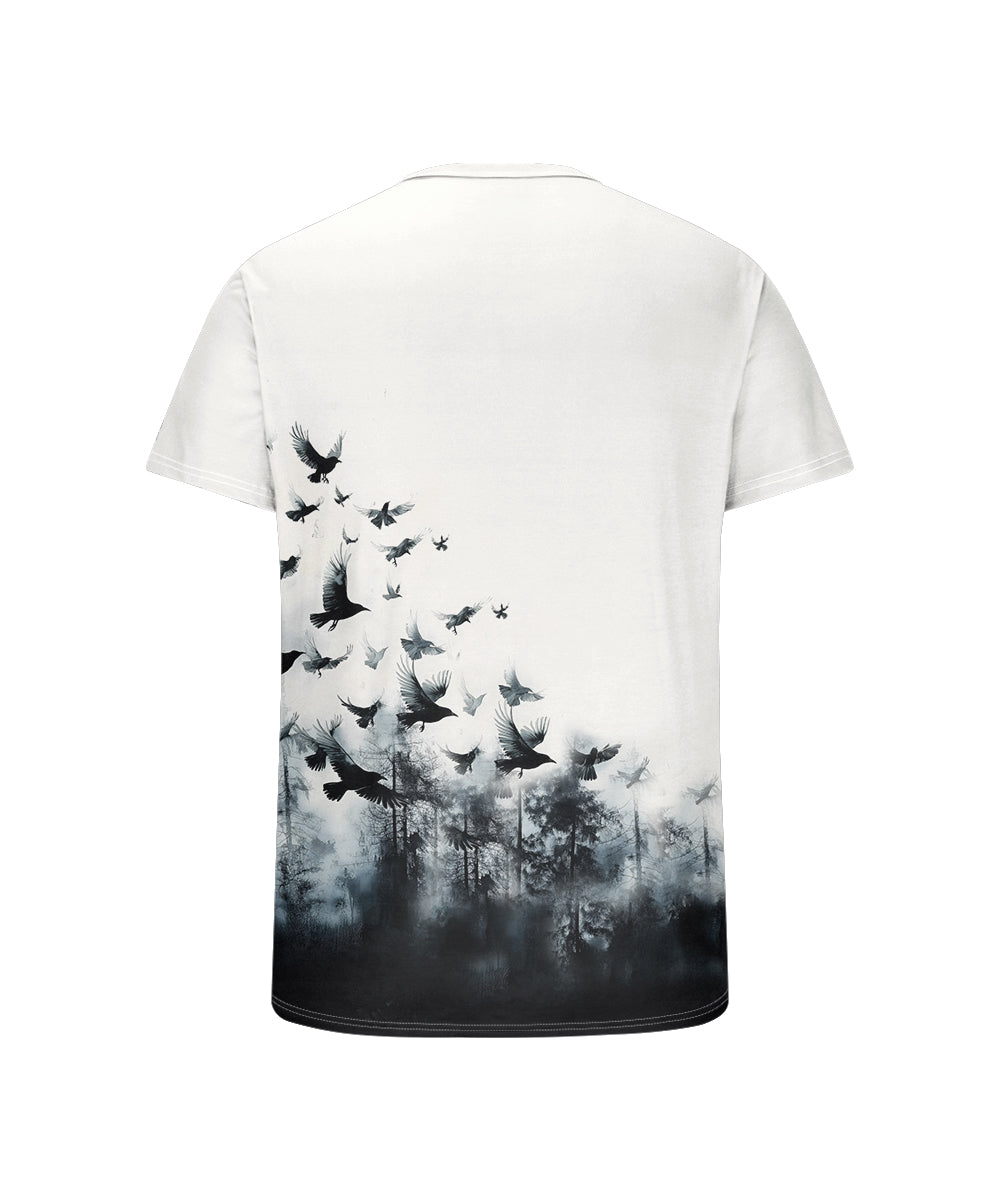 Men's Plus Size Daily Casual Gradient Forest Bird Print Henley Collar Button Short Sleeve T-Shirt
