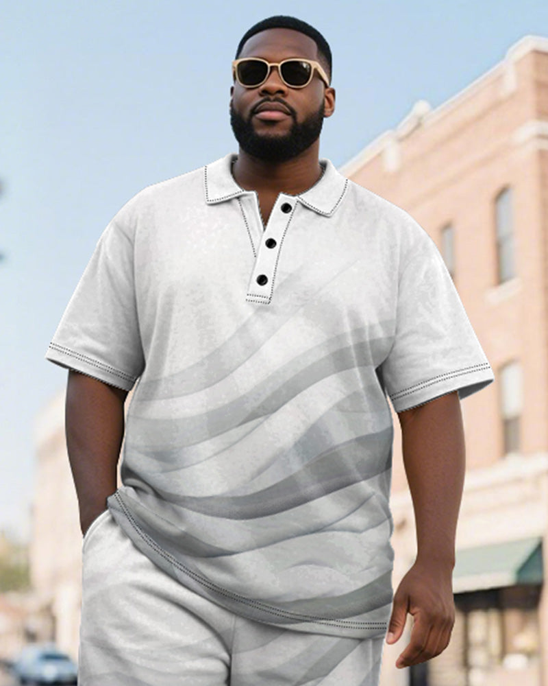 Big & Tall Men's Business Light Gray Line Gradient Print Short-sleeved Polo Shirt Shorts Suit