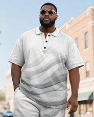 Big & Tall Men's Business Light Gray Line Gradient Print Short-sleeved Polo Shirt Shorts Suit