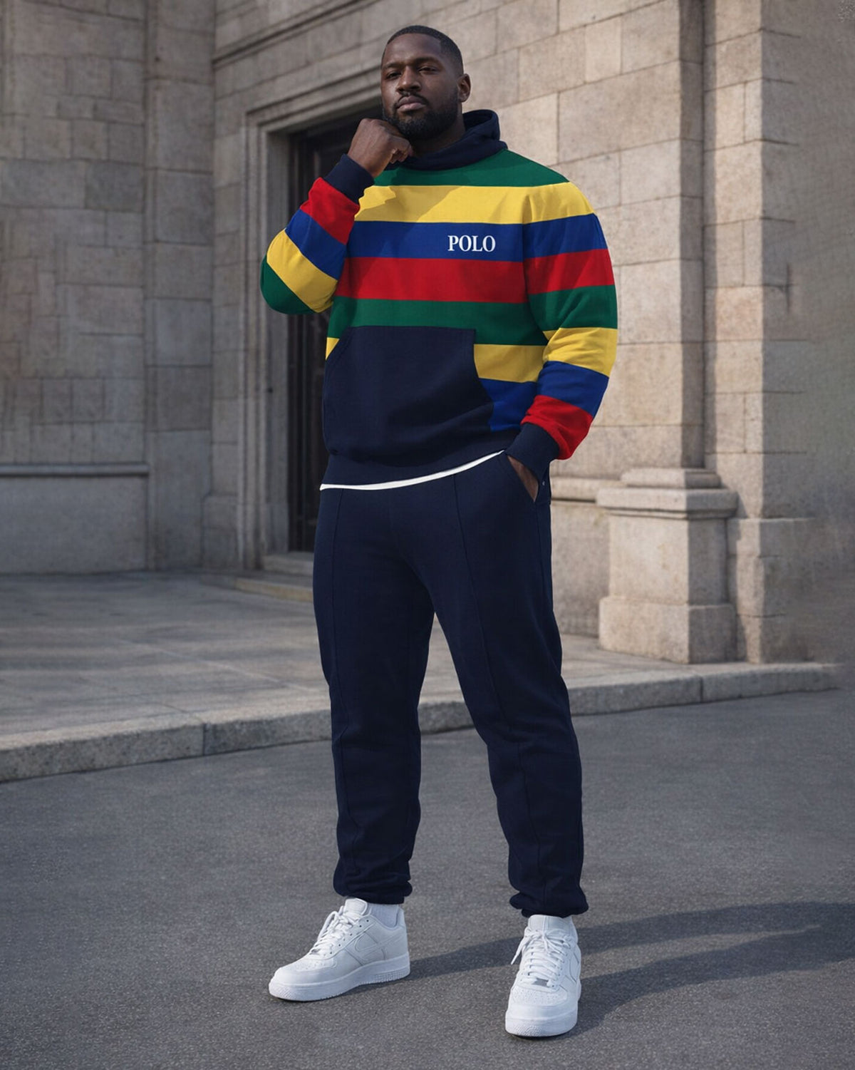 Large Size Men's Autumn And Winter Warm Rainbow Contrast Color Wide Stripe Printed Hoodie Sweatpants Set