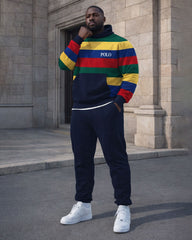 Large Size Men's Autumn And Winter Warm Rainbow Contrast Color Wide Stripe Printed Hoodie Sweatpants Set