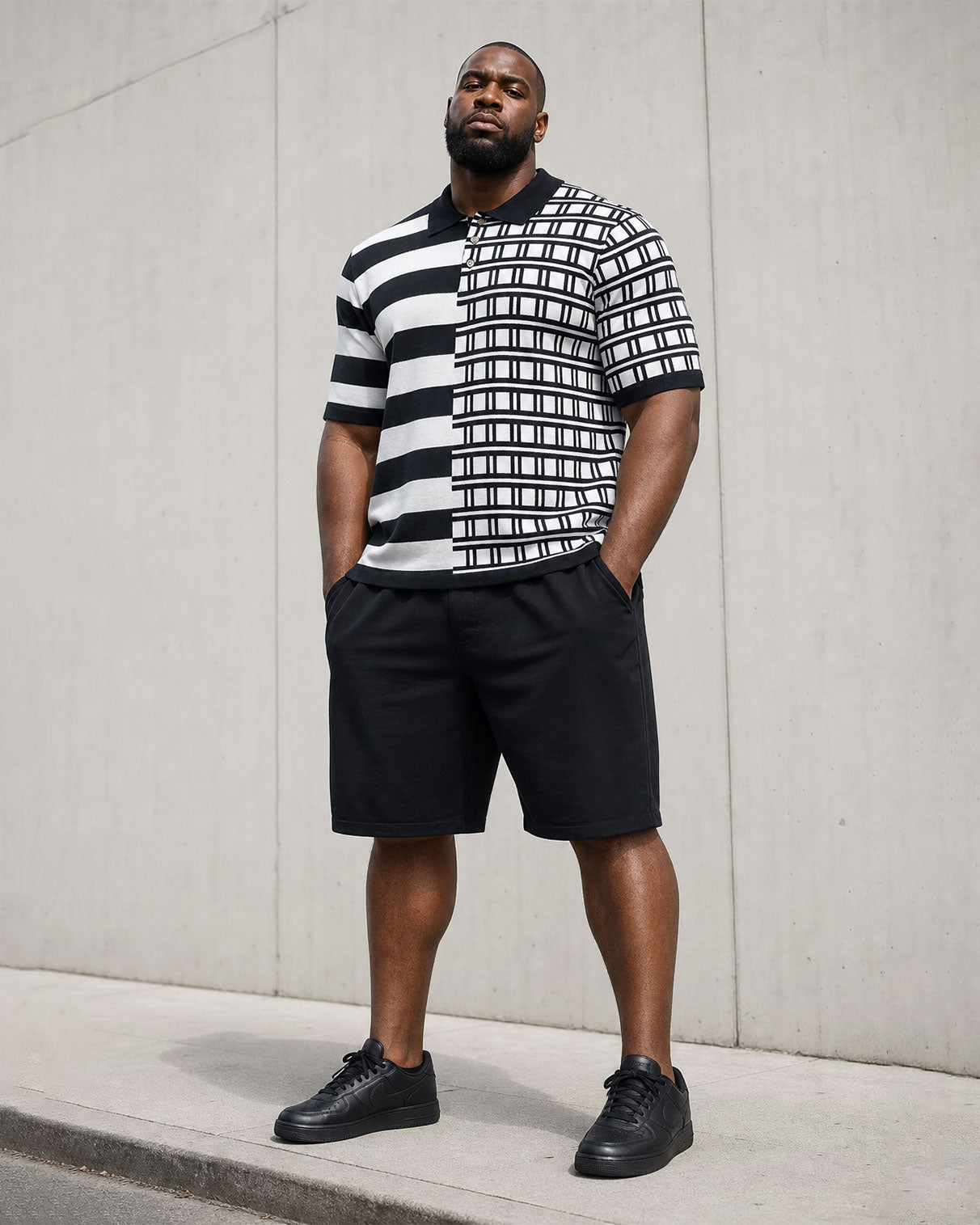 Big & Tall Men's Plaid & Stripe Stitching Positioning Printed Black & White Short-sleeved POLO Shirt Short-sleeved Shorts Set