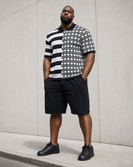 Big & Tall Men's Plaid & Stripe Stitching Positioning Printed Black & White Short-sleeved POLO Shirt Short-sleeved Shorts Set