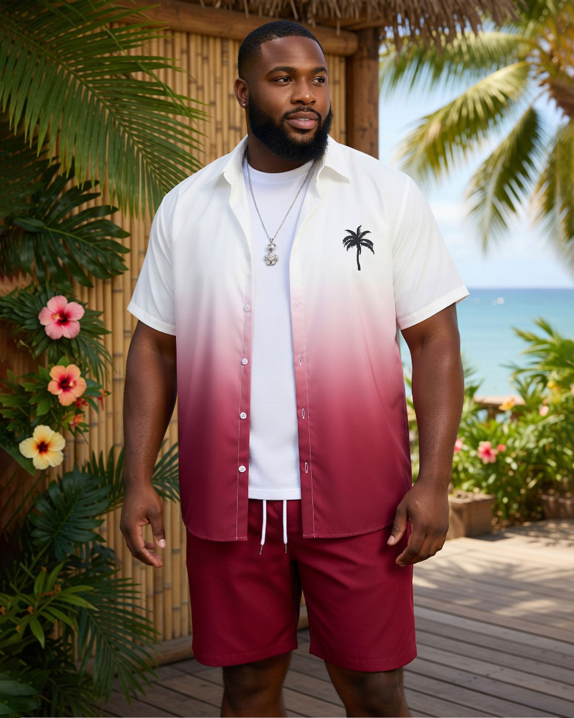 Big & Tall Men's Jujube Gradient Coconut Buttons Short Sleeve Shirt Shorts Set