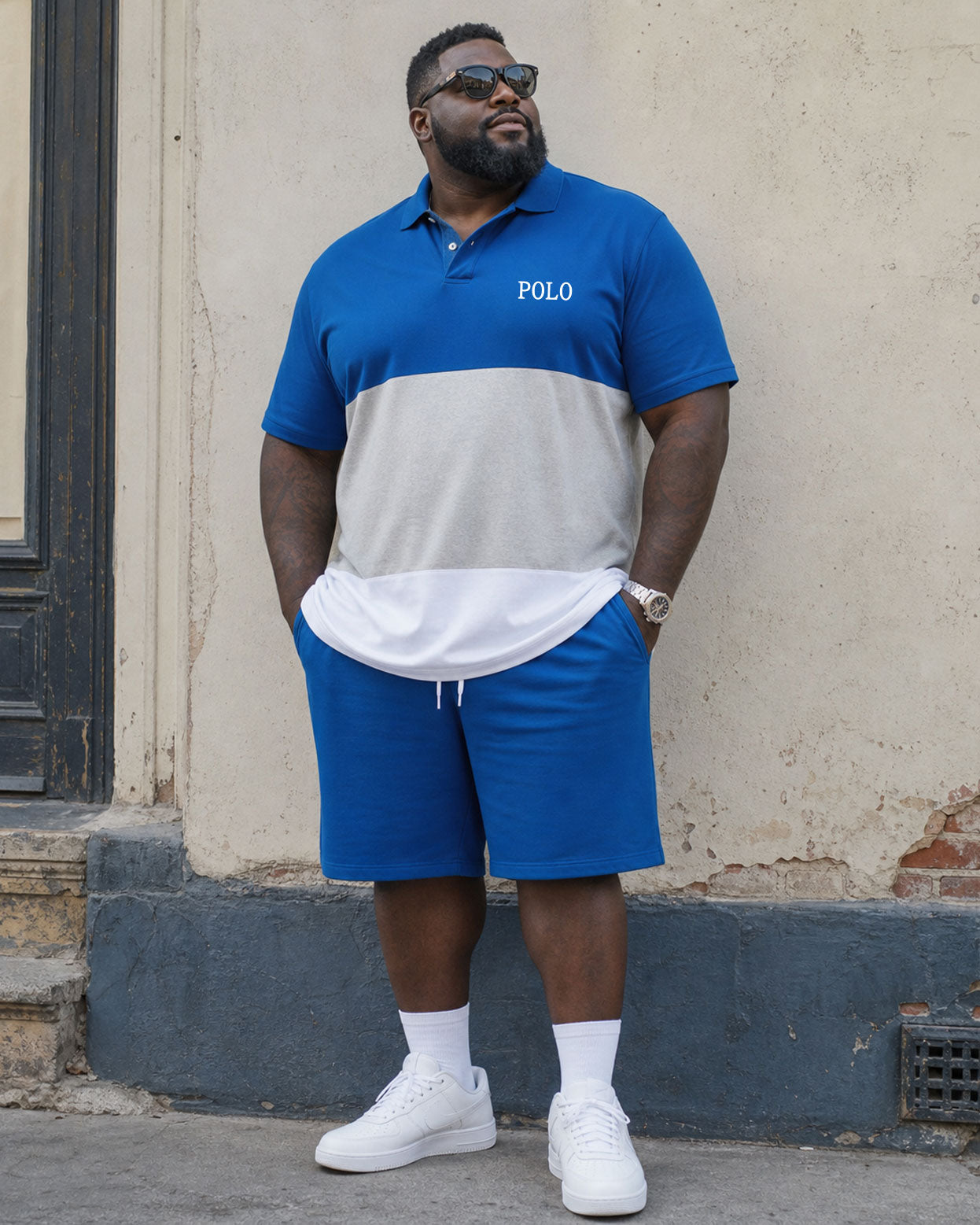 Big & Tall Men's Blue Large Stitching Simple Polo Shirt Short Sleeve Shorts Suit