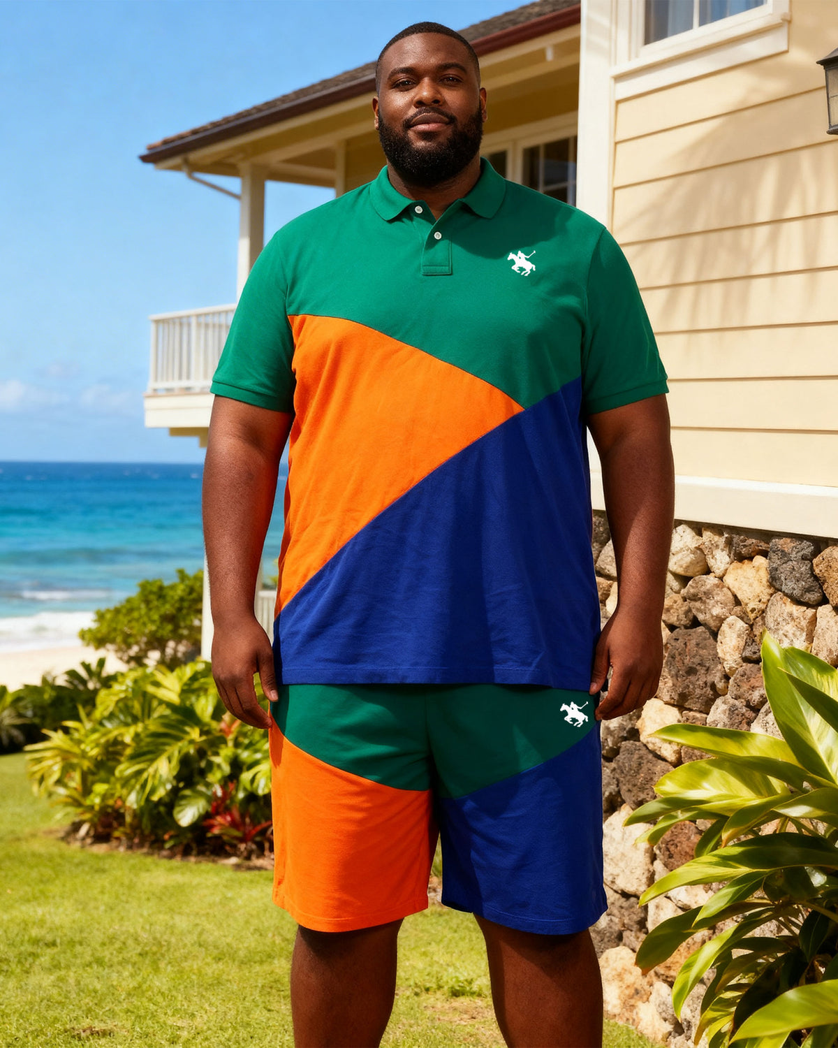 Big & Tall Men's Green & Orange & Blue Large Triangle Contrast Polo Shirt Shorts Set