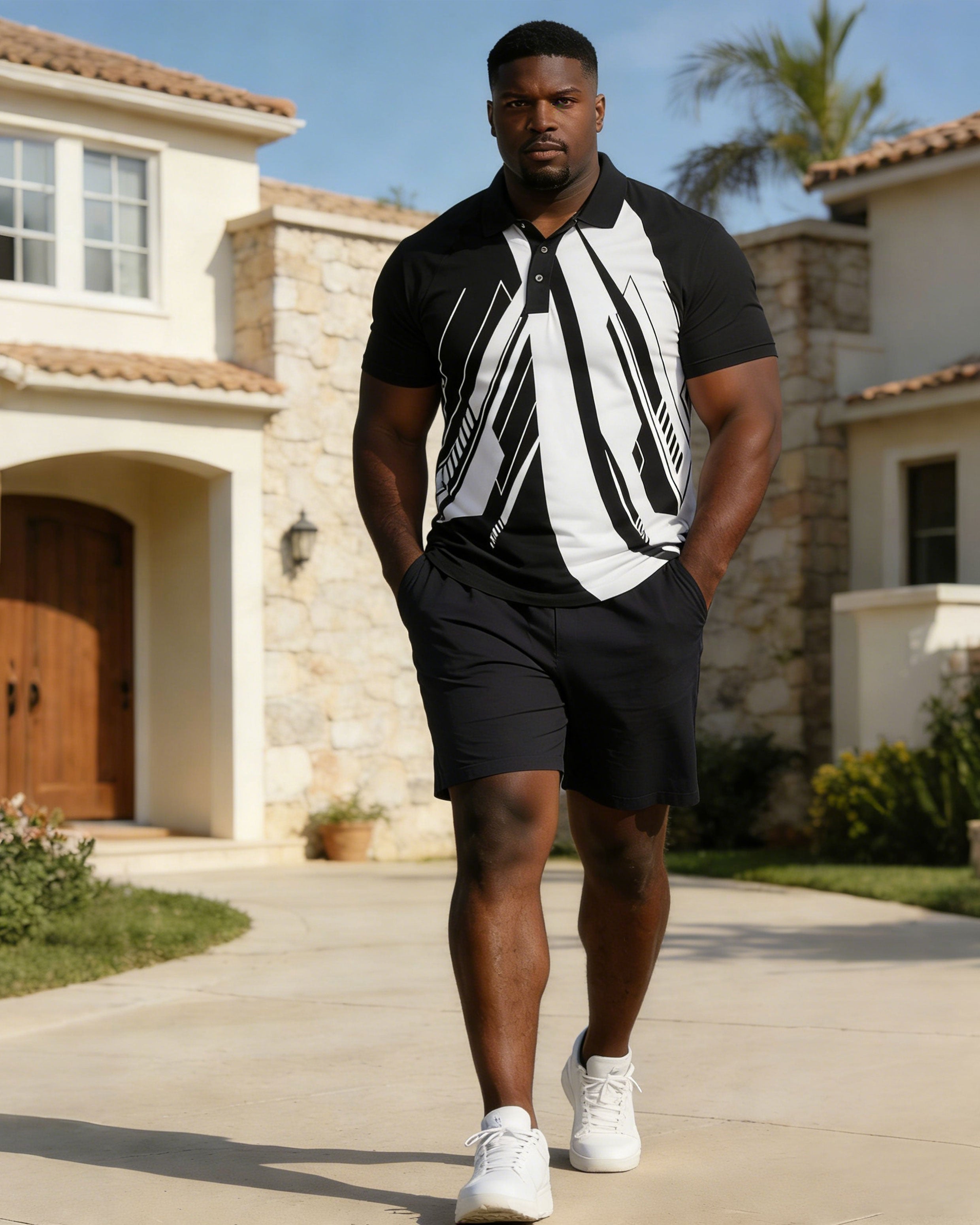 Men's Large Size Distinctive Geometric Print Short-sleeved Polo Shirt Shorts Set