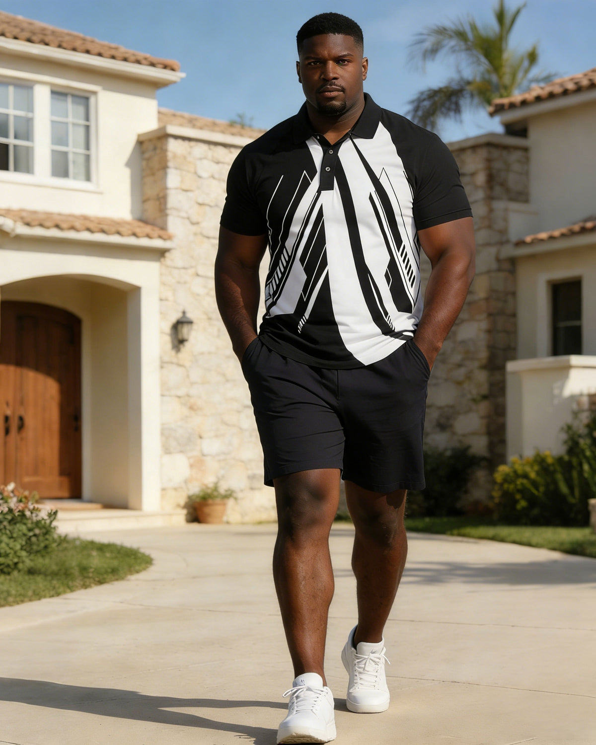 Men's Large Size Distinctive Geometric Print Short-sleeved Polo Shirt Shorts Set
