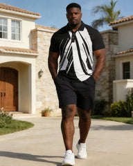 Men's Large Size Distinctive Geometric Print Short-sleeved Polo Shirt Shorts Set