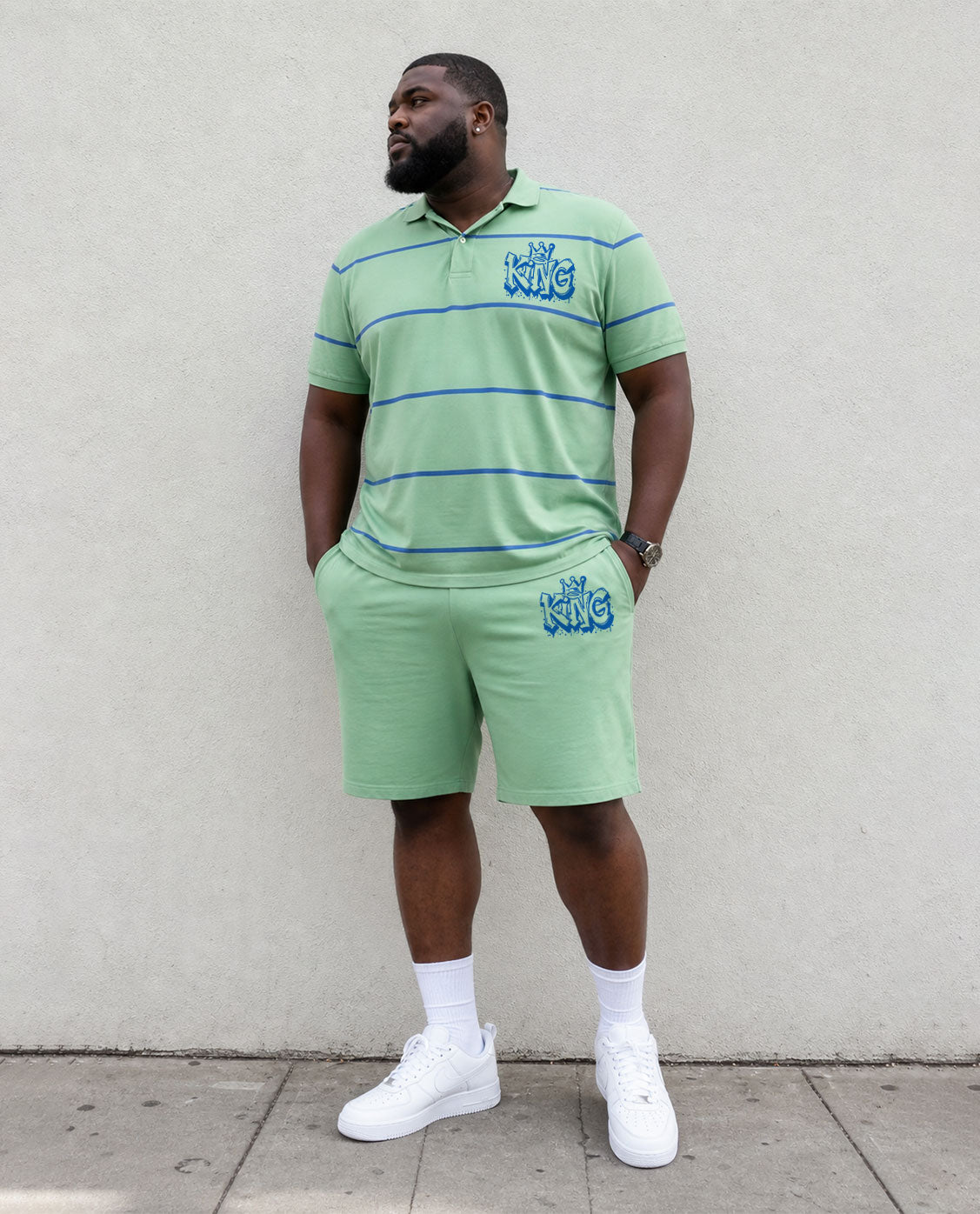 Big & Tall Men's Simple Daily Leisure Travel Business Vacation Green Striped POLO Shirt Short Sleeve Shorts Set