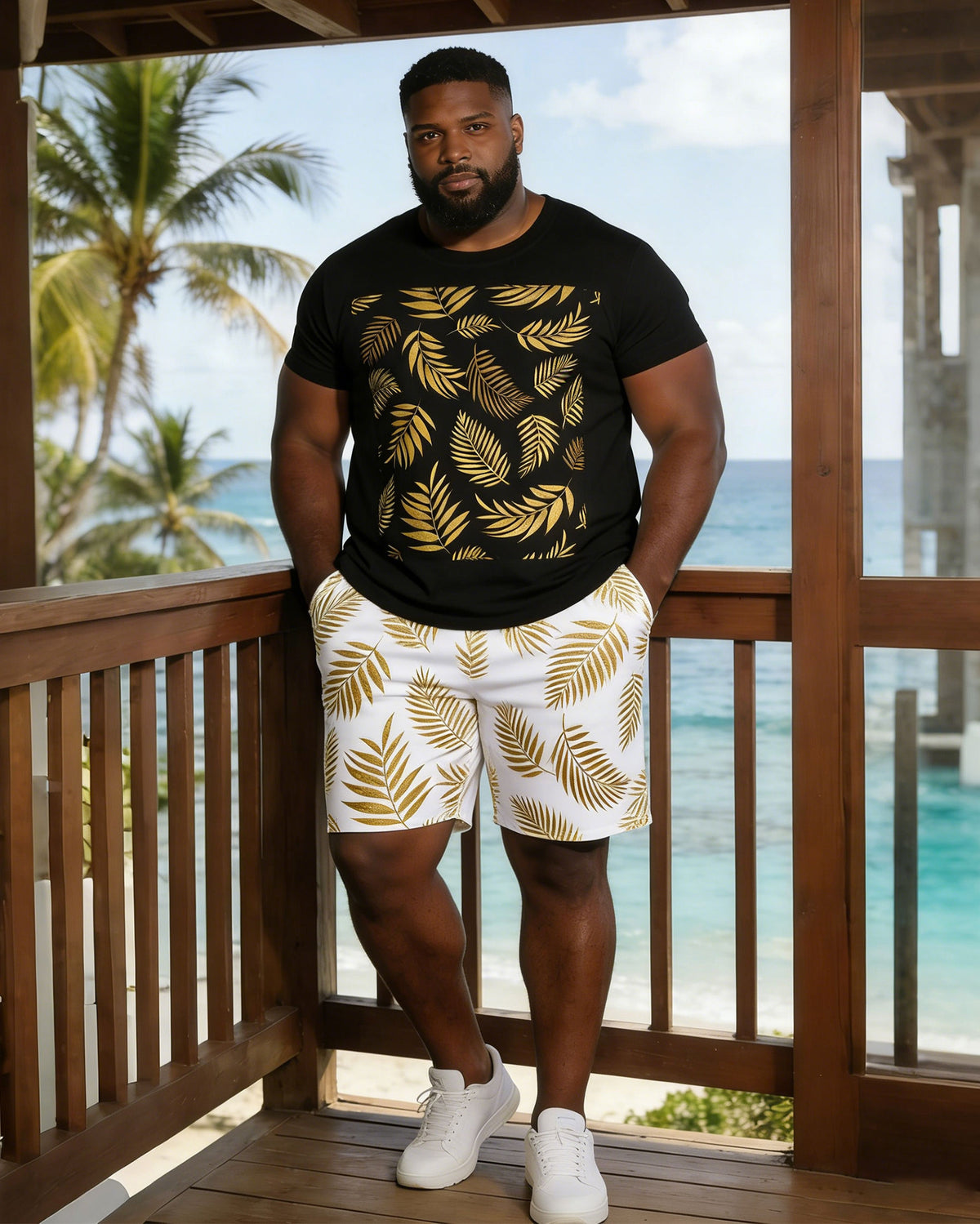 Holiday Simple Hawaiian Coconut Gold Print Short-sleeved T-shirt Shorts Set Large Size Men