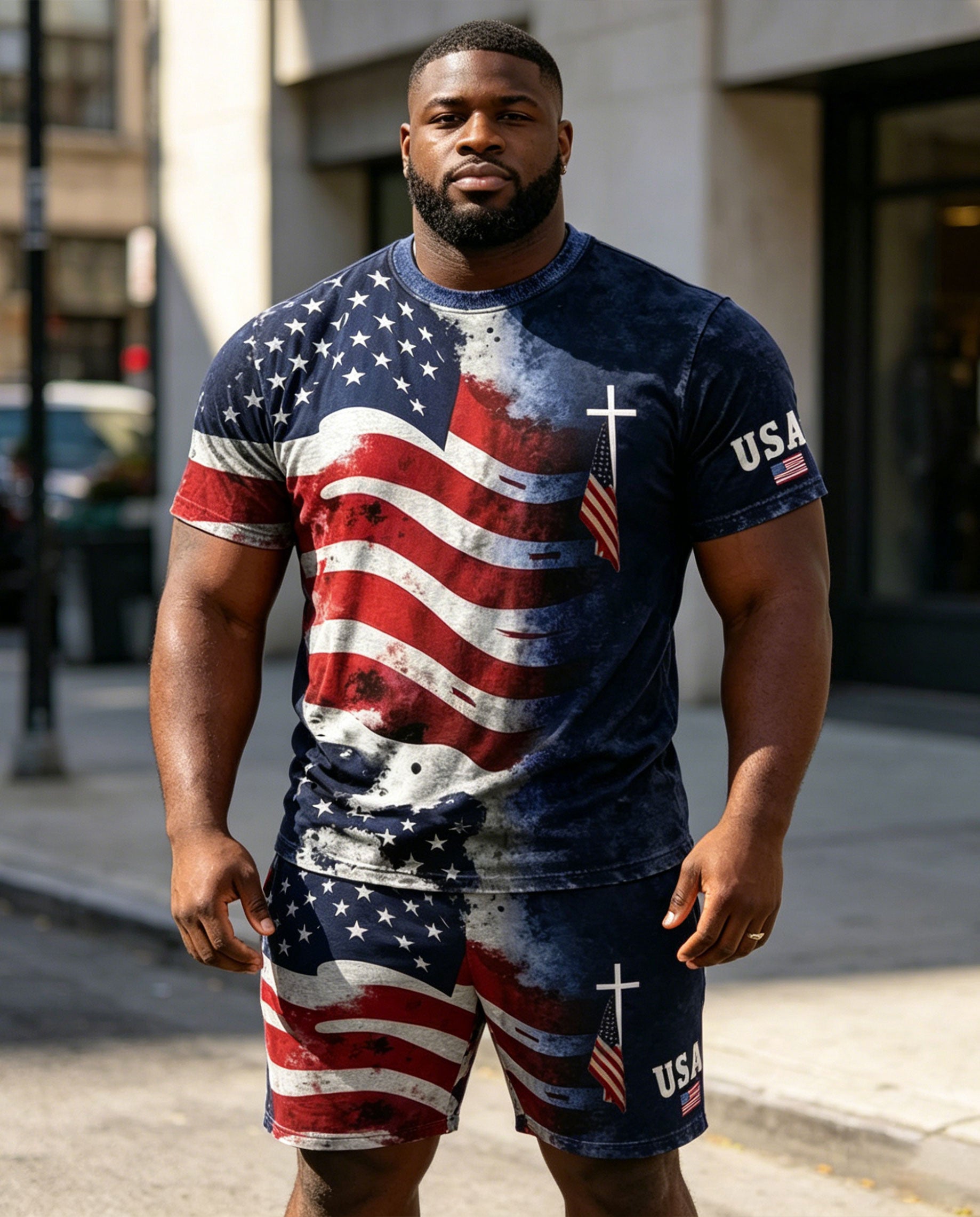 Big & Tall Men' 250 Anniversary Of The Founding Of The People's Republic Of China Short-sleeved T-shirt Shorts Set