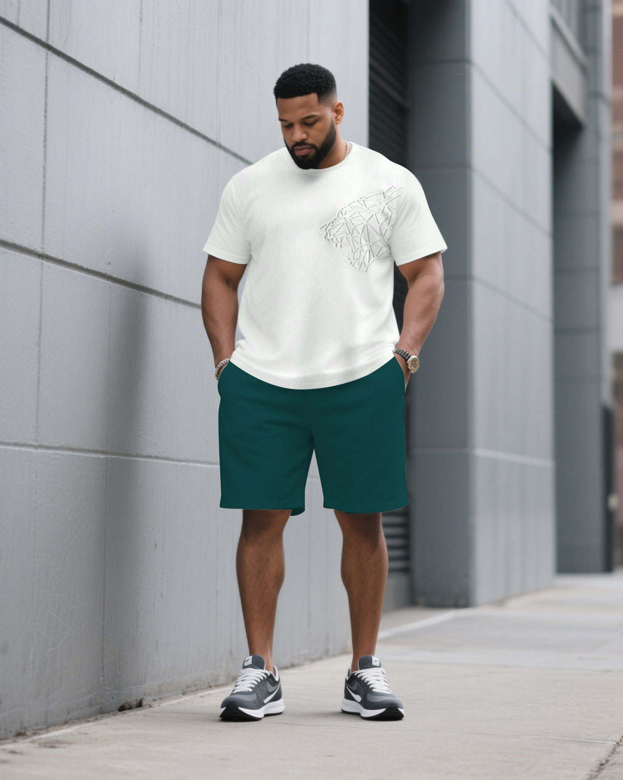 Big & Tall Men' Simple Top Line Geometric Tiger Jacquard High-end Short-sleeved T-shirt Shorts Set