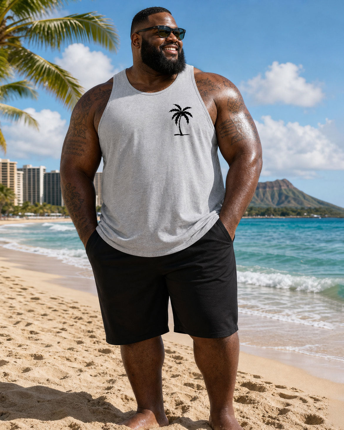 Big & Tall Men's Hawaiian Simple Casual Grey & Black Coconut Tree Silhouette Vest Shorts Set