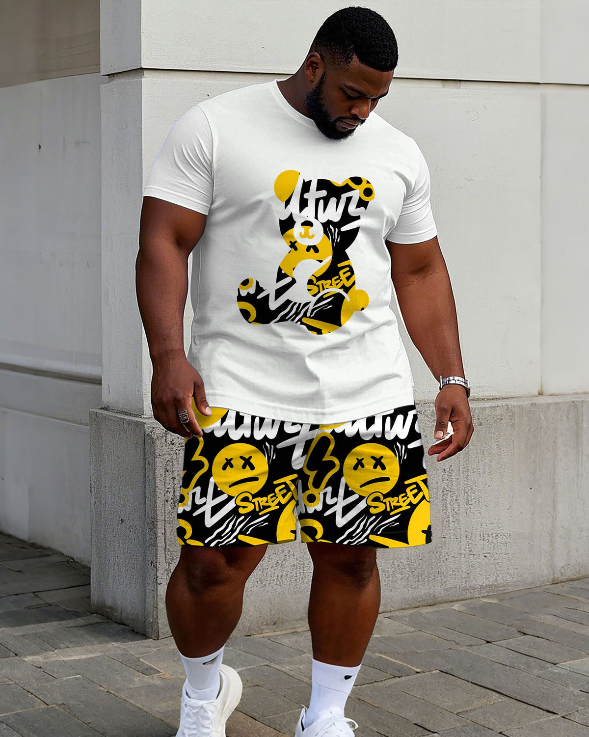 Big & Tall Men's Street Hip Hop Pattern Printed Short Sleeve T-Shirt Shorts Set