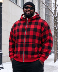 Large Size Men's Autumn And Winter Warm Fleece-lined Cold-proof Christmas Daily Red Plaid Casual Jacket Hooded Jacket