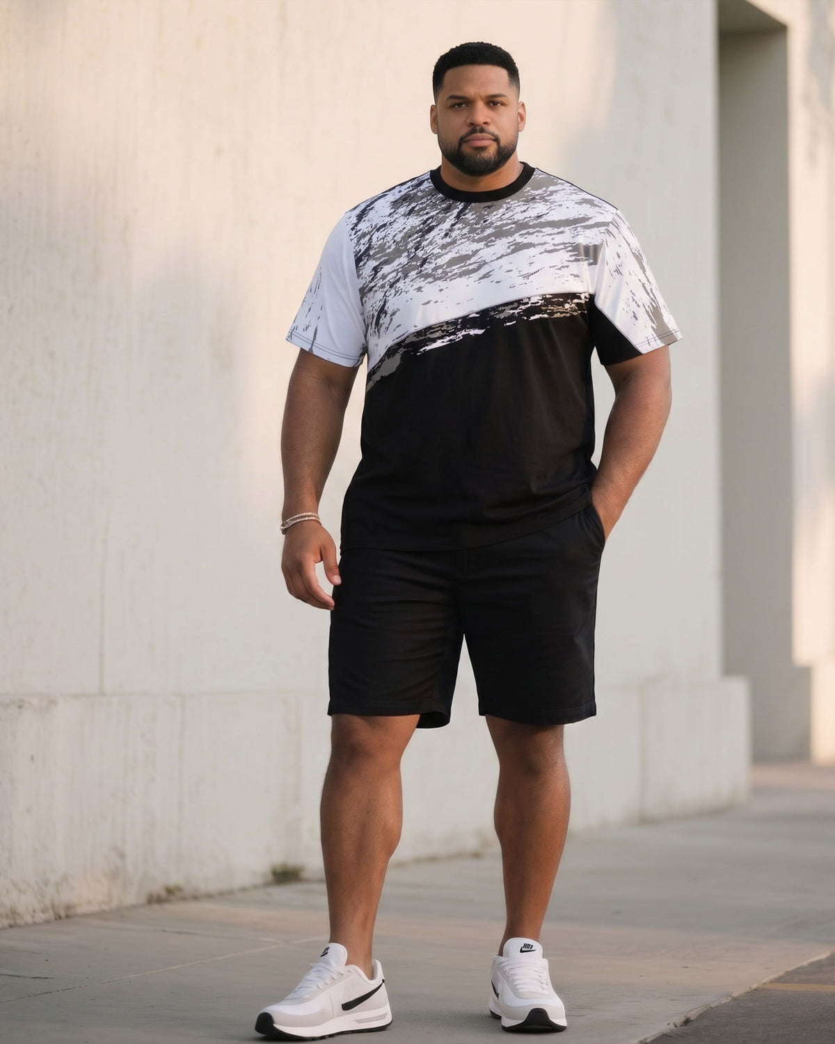 Big & Tall Men's Ink Splicing Black T-Shirt Shorts Set
