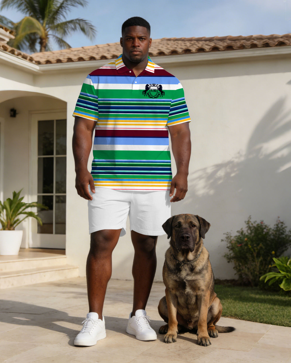 Green Striped Polo Shirt Short Sleeve Suit Large Size Men