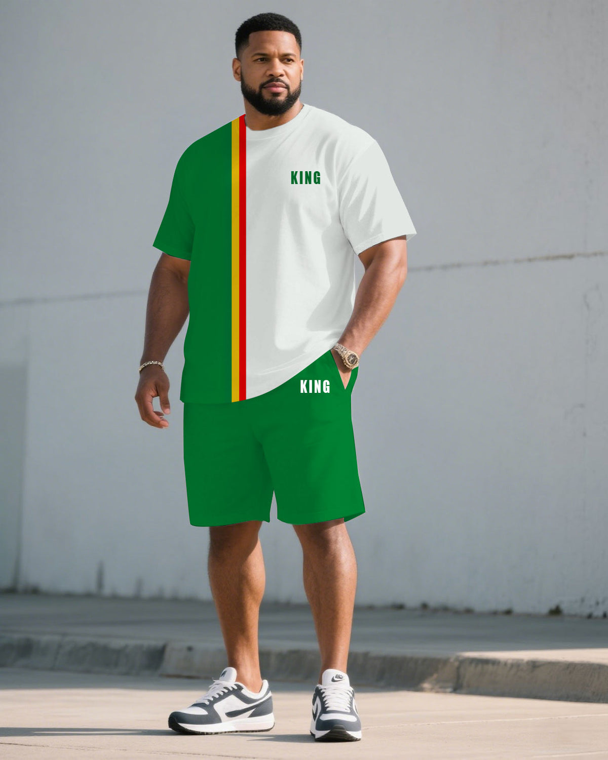 Big & Tall Men' Simple Contrast Color June Festival Chest "king" Slogan Printed Short Sleeve T-Shirt Shorts Set