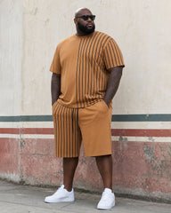 Big & Tall Men's Breathable Comfortable Khaki Line Printed Short Sleeve T-Shirt Shorts Set
