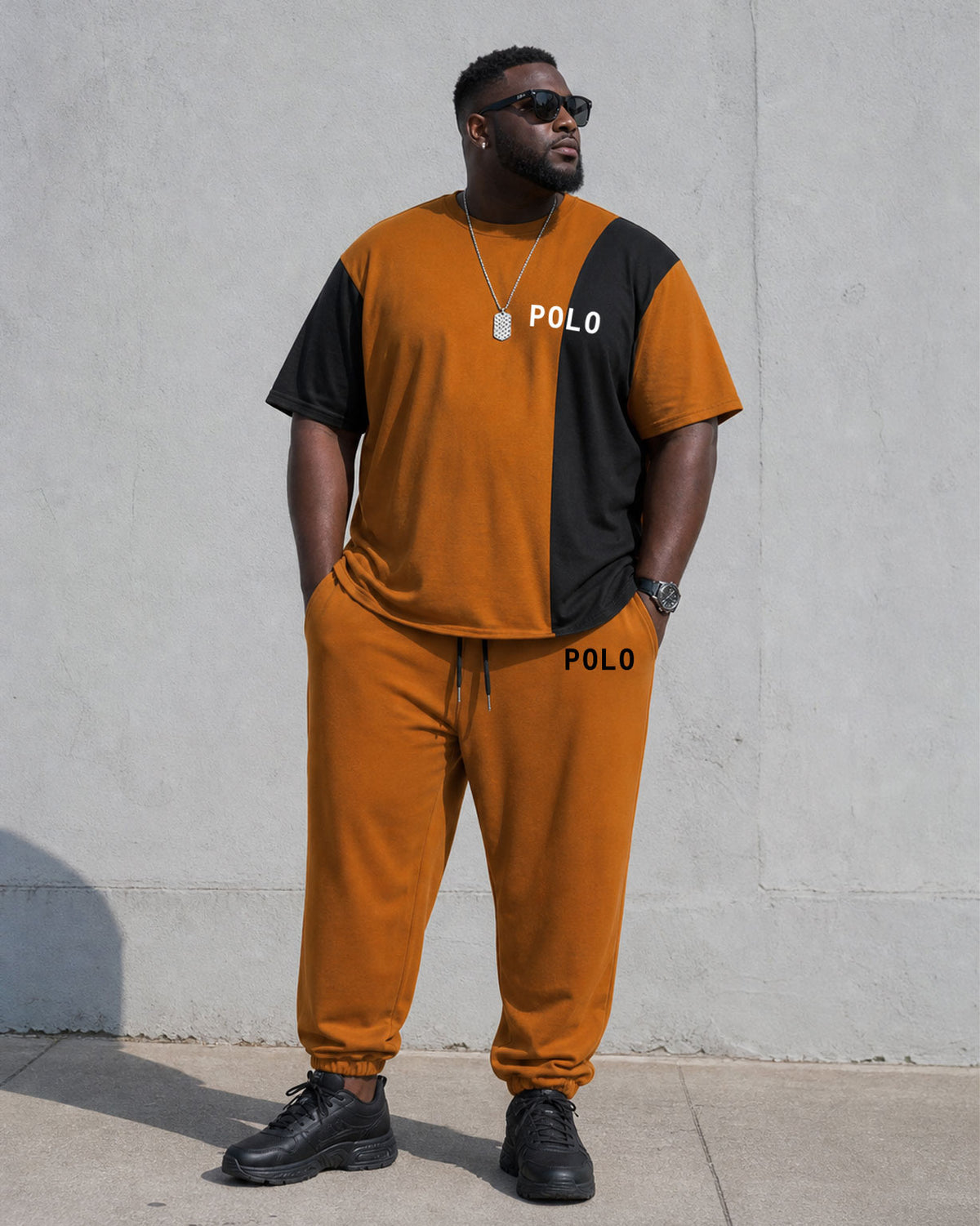 Big & Tall Men's Orange & Black Contrast Color Stitching Chest Small Label Printing Simple Daily Travel Party Short Sleeve T-Shirt Pants Set