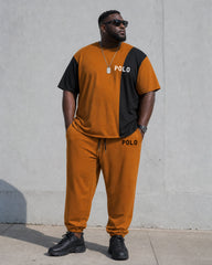 Big & Tall Men's Orange & Black Contrast Color Stitching Chest Small Label Printing Simple Daily Travel Party Short Sleeve T-Shirt Pants Set