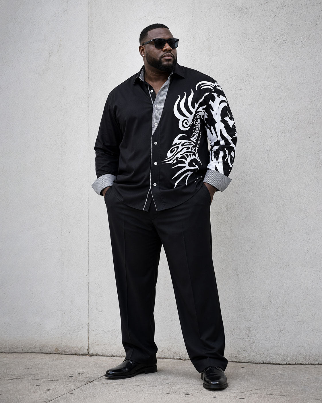 Big & Tall Men's Black Business Features Stitching Positioning Printed Long Sleeve Shirt Trousers Suit
