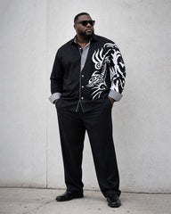 Big & Tall Men's Black Business Features Stitching Positioning Printed Long Sleeve Shirt Trousers Suit