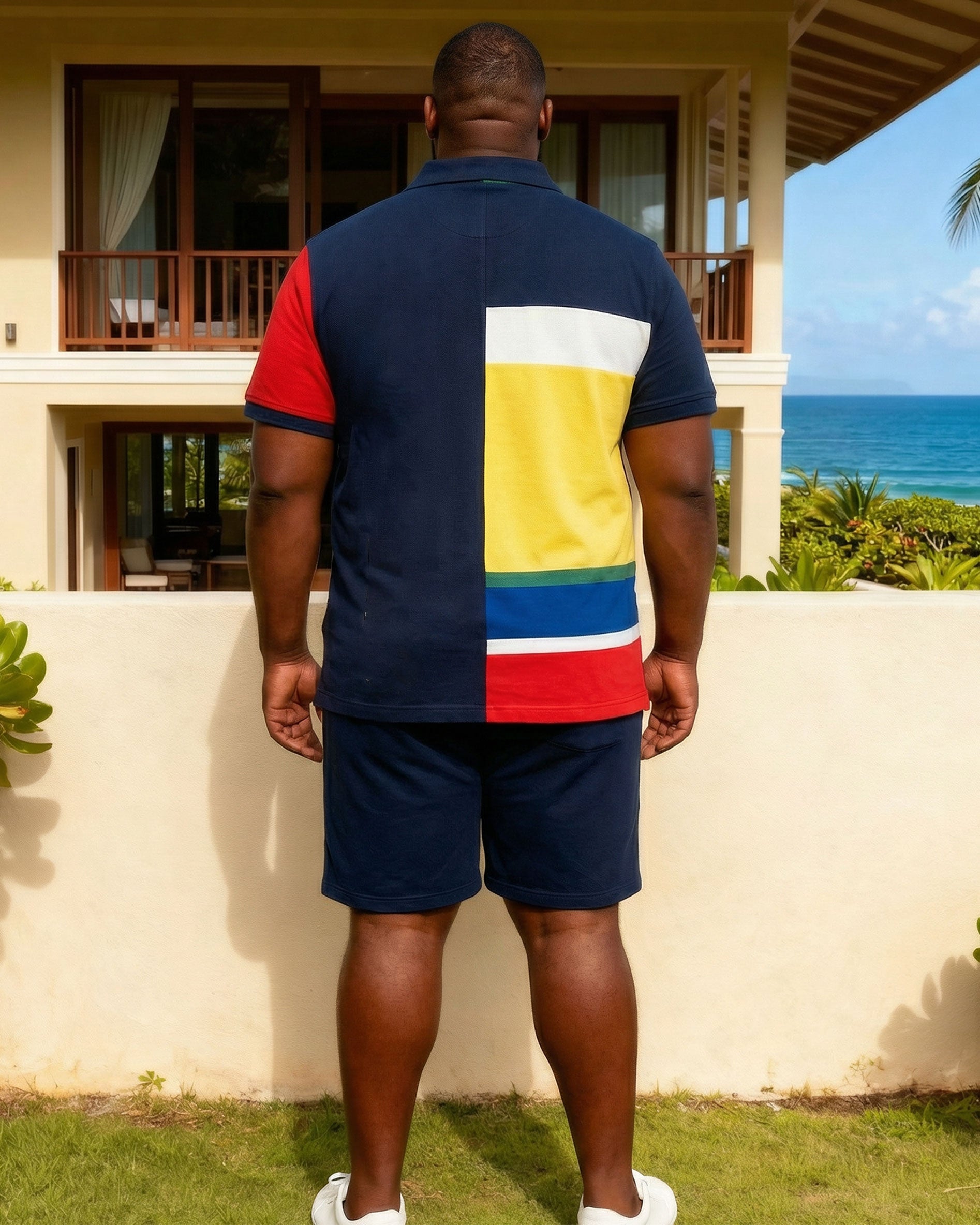 Big & Tall Men's Hawaiian Casual Everyday Vacation Irregular Color-Block Polo Shirt And Shorts Set