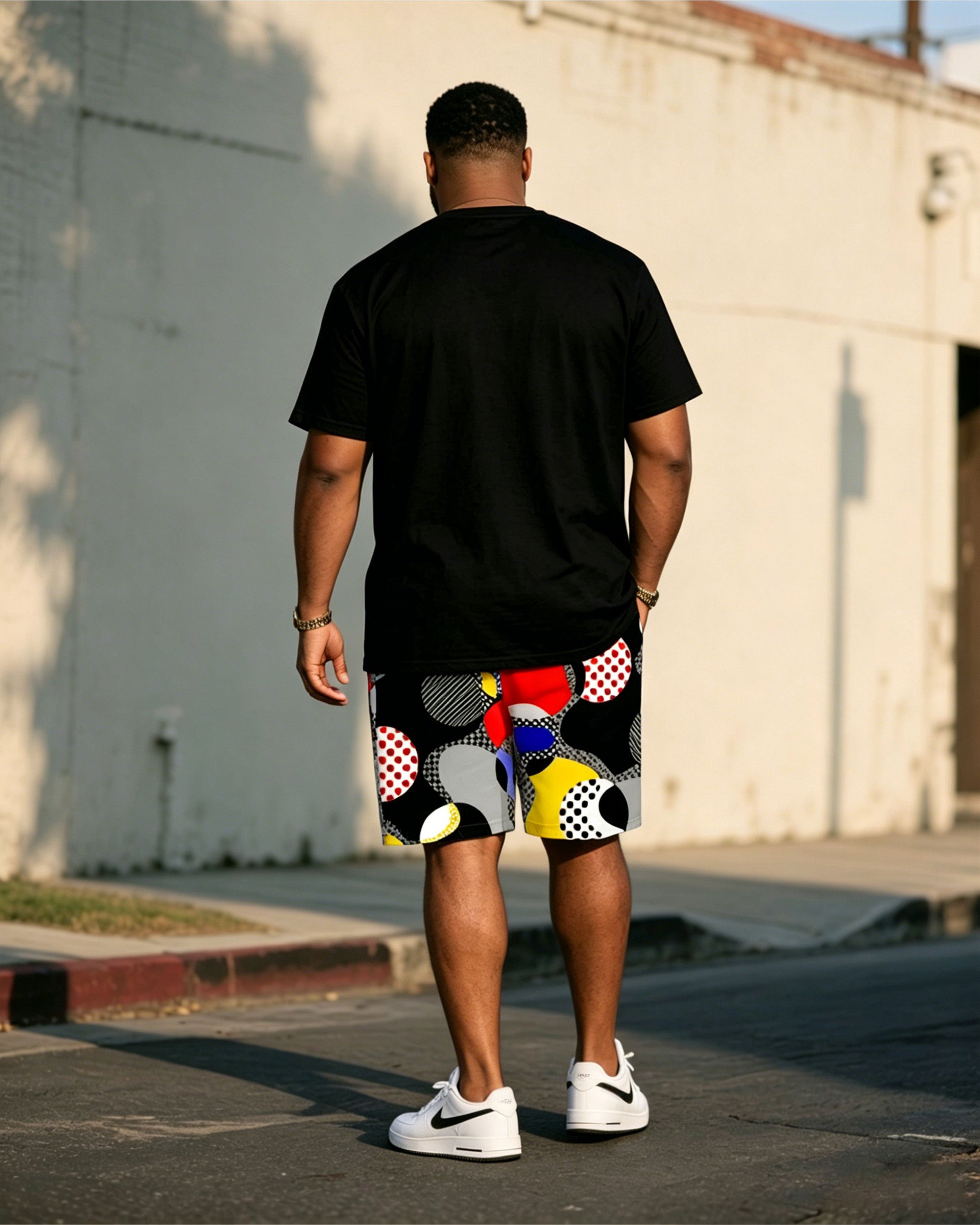 Big & Tall Men' Fashion Street Irregular Color Geometric Short Sleeve T-shirt Shorts Set