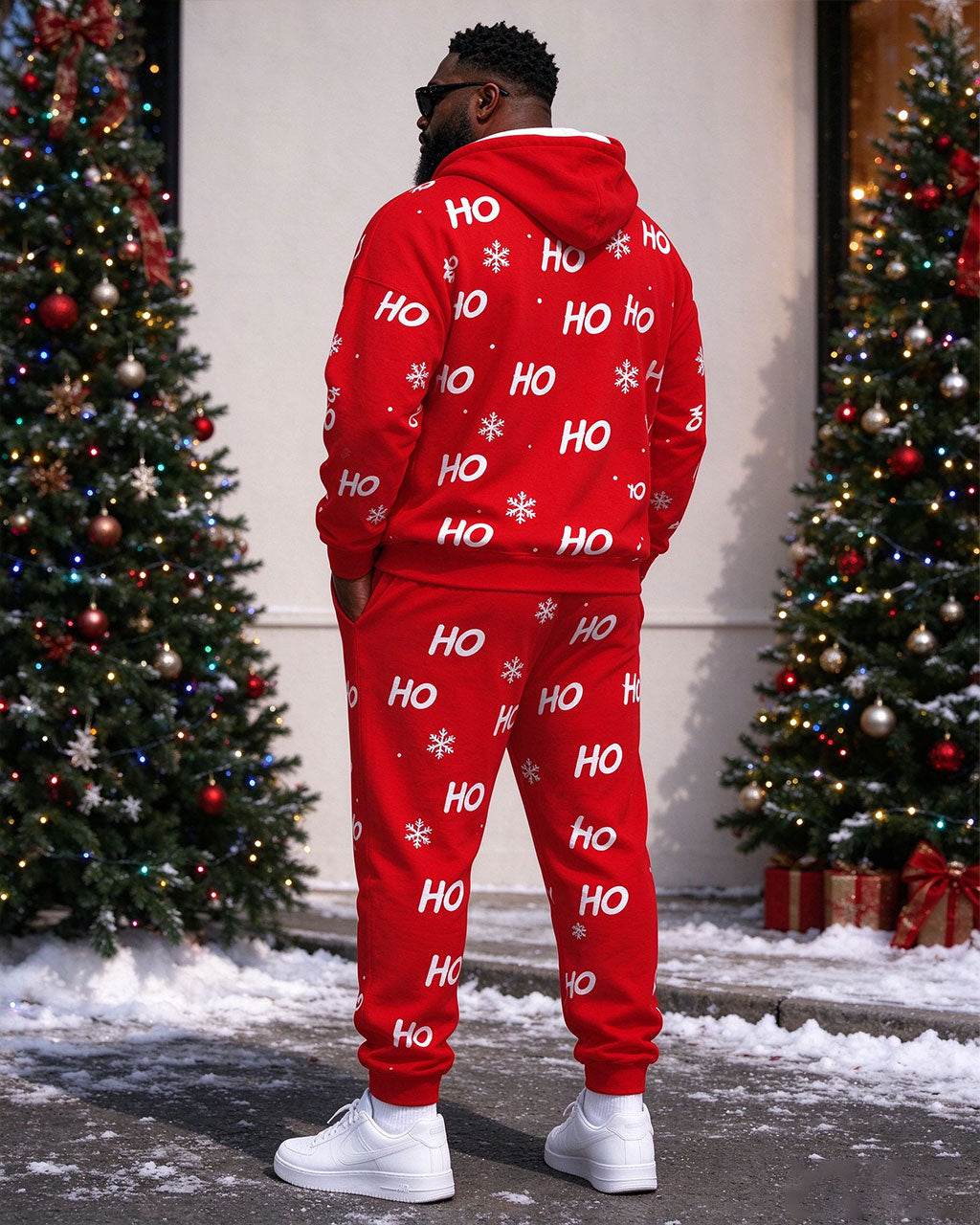 Large Size Men's Autumn And Winter Warm Red Funny Santa Merry Christmas Printed Hoodie Sweatpants Set