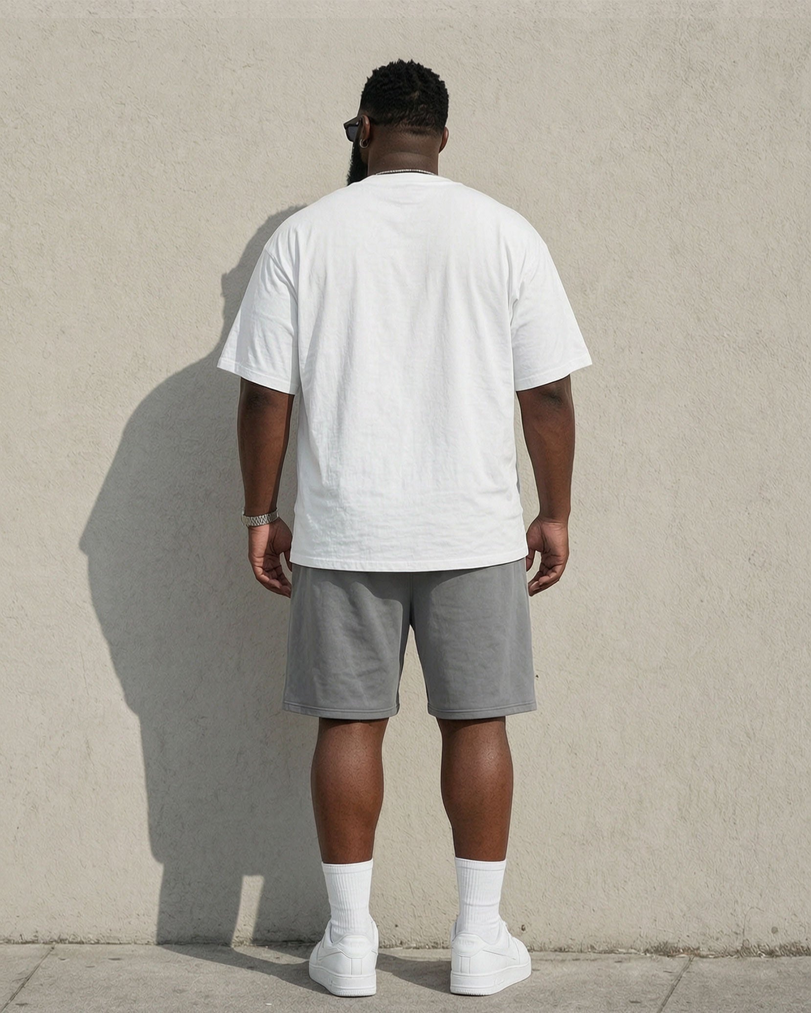 Big & Tall Men's Fashion Street Simple Chest Rose Printed White & Grey Matching T-Shirt Shorts Set